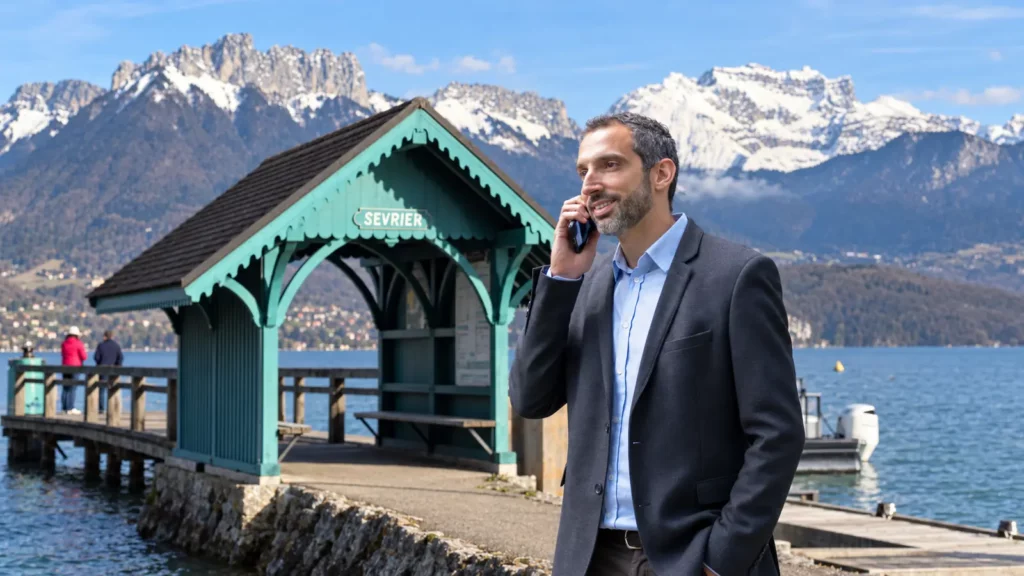 Julien Arnould, conseiller immobilier à Sevrier, devant l’embarcadère du lac d’Annecy